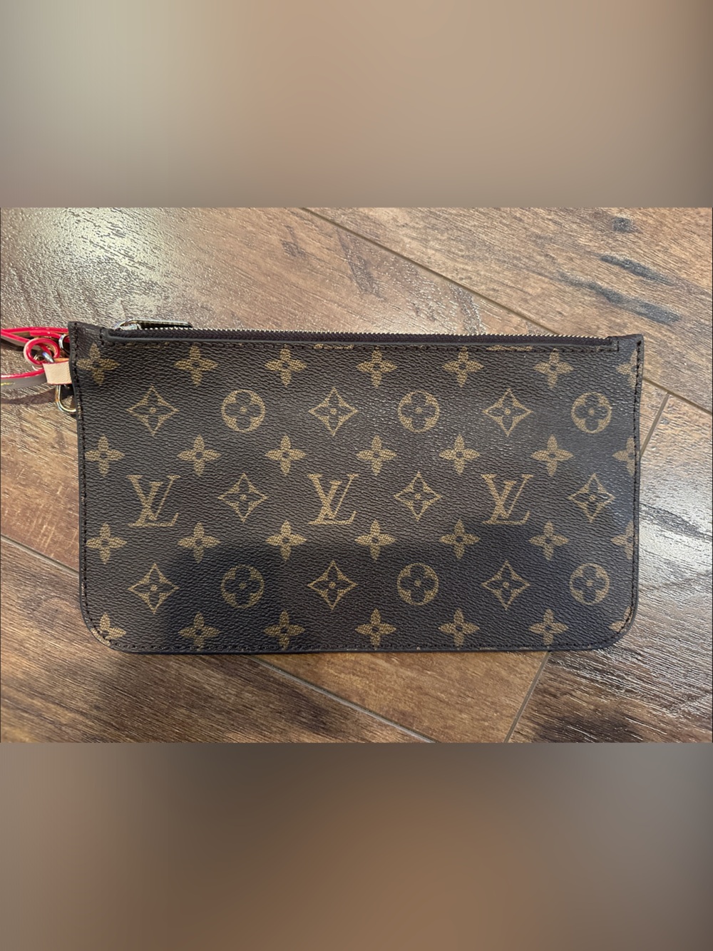 Louis Vuitton Monogram Wristlet Zip Organizer in Brown and Tan with Red Accent